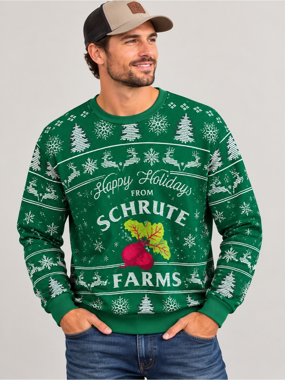 Schrute Farms Faux Christmas Sweater Green Ugly Christmas Sweater Holiday Unisex